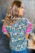 Embroidered Puff Sleeve Frilled Neck Printed Top